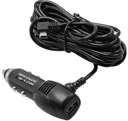 Vaniika Dash Cam Power Lead 12V to 5V Mini USB Charging Cable 3.5M, 2A Car Charger Adapter with 90° Right Angle Connector & Extra USB Port for Dash Cameras, GPS, DVR
