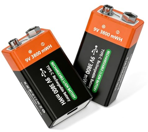 Batteria ricaricabile da 9 V, 3800 mWh, agli ioni di litio, tipo C, batterie ricaricabili USB-C da 9 V, batteria agli ioni di litio a lunga durata per multimetri, rilevatori di fumo, microfoni, pedali