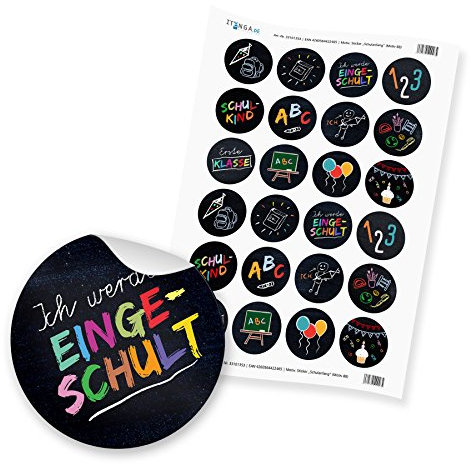24 x itenga Sticker Aufkleber Etikett Schulanfang Einschulung Ich werde eingeschult (Mixbogen schwarzer Hintergrund)