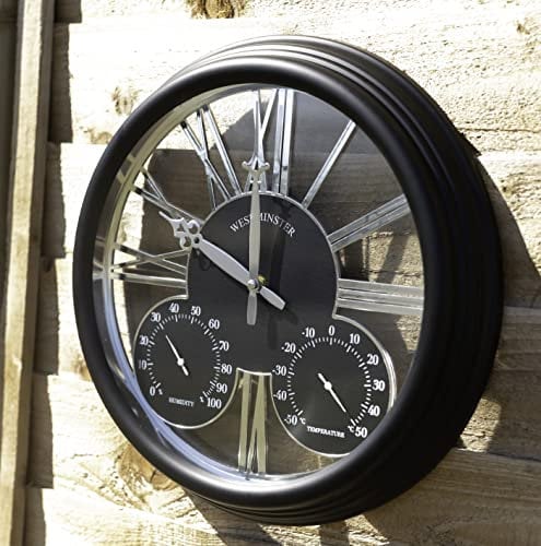 Homezone 40cm Large Black garden clock with thermometer and barometer - Battery Power Operated Quartz Waterproof Weatherproof Garden Clock - Black Indoor or Outdoor Weather Station for Garden Patio