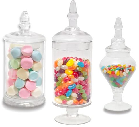 Mantello Glass Apothecary Jars Set - Clear, Cylindrical Jars with Lids - 3 Count (14.75 H x 5 W, 12.75 H x 5 W, 10 H x 4.5 W) - Perfect for Candy Buffet, Home Decor, Bathroom & Kitchen