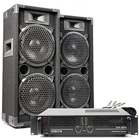 MAX Dual 8” Passive DJ PA Speaker System with 1500W Power Amplifier and 2x 6m Jack Cables – Complete Professional Speaker Kit for DJ, Events, Karaoke, PA Sound with Dual Woofer, Rugged Carpet Finish