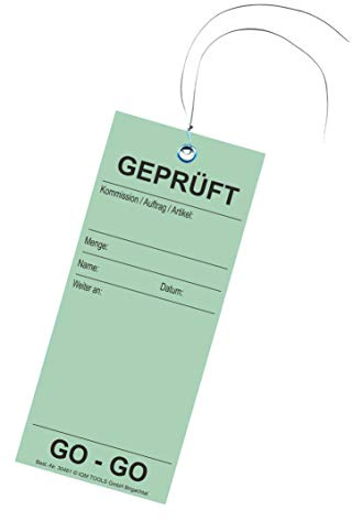 150 Hängeetiketten - Drahtanhänger - Warenanhänger: wetterbeständige Folie - Motiv GEPRÜFT - 60x140 mm - Staffelpreise für Businesskunden ab 3, 6, 11 VE