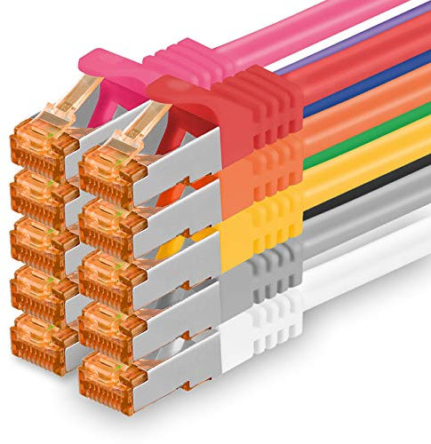 1aTTack.de 2m - Cat.7 Netzwerkkabel 10-Farben - 10 Stück Gigabit Ethernet LAN Kabel 10000 Mbit s Patchkabel Cat7 Kabel S FTP PIMF Schirmung LSZH Cat.7 Rohkabel Rj45 Stecker Cat 6a - 10 x 2 Meter