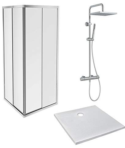 Jacob Delafon E63156-WPM Pack Douche IPSO (Receveur 80x80 + accès d'angle Coulissant + Colonne), Blanc, Chrome et Verre Transparent