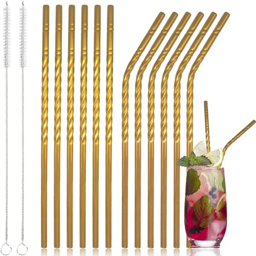 Huaka'i Paille Inox Sets Pailles Réutilisables Droites et Courbées Spirales en Métal avec 2 Brosses de Nettoyage, Sac de Transport - Lot Pailles Inox Élégantes, Durables (12 pcs Doré)