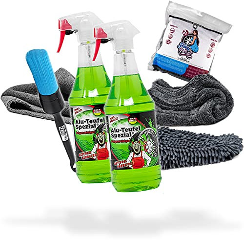 detailmate Felgen Reinigung Set: 2X Tuga Chemie Alu-Teufel 1L Felgenreiniger + Nuke Guys Shiny Wheels Set mit Tuch und Waschhandschuh + ValetPRO Felgenpinsel + Edgeless Mikrofasertuch 380GSM
