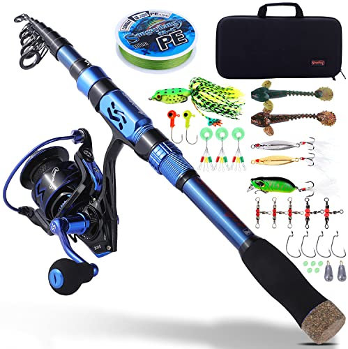 Sougayilang Angelrute und Rolle Combos, Kohlefaser Teleskop Angelrute 12 +1 BB Spinning Reel mit Tragetasche für Salzwasser und Süßwasser Angelausrüstung Kit Angelrute-B21