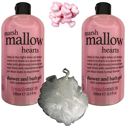 Bundle of 2 Treaclemoon Marshmallow Shower and Bath Gels (500 ml each) with a Body Puff