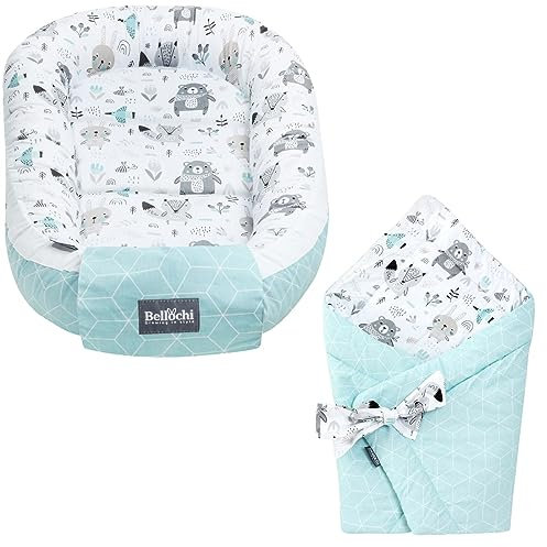 Bellochi Set 2in1 Babynest und Einschlagdecke - Baby Erstausstattung Babynestchen Babyhörnchen - 100% Baumwolle - Animaland