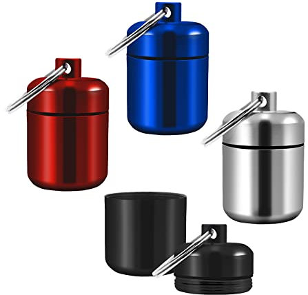 4PCS Pillendose Schlüsselanhänger Wasserdicht, Aluminium tragbare Pillendose Schlüsselanhänger Klein Pillenbox Schlüsselanhänger Tablettenbox für Reise Camping Angeln Speicherung (4 Farben)