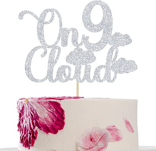 On Cloud 9 Cake Topper, Happy 9th Birthday Cake Decor, 9 Year Old, for Boys Girls 9th Birthday Party Decorations Silver Glitter