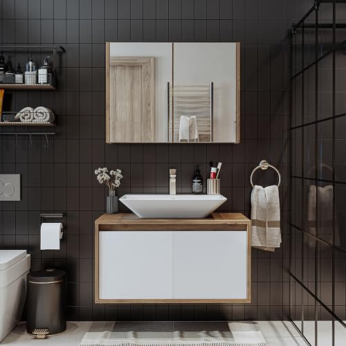 ROOMART • Set di mobili da bagno • Atlantic • 3 pezzi • Lavabo in ceramica con base 65 cm, 85 cm, 100 cm, armadietto a specchio 80 cm (bianco – rovere, 85 cm)