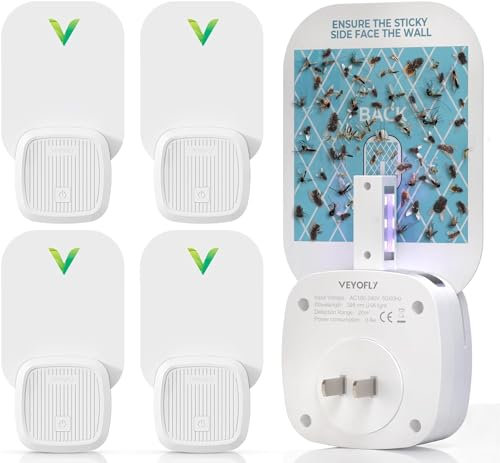 VEYOFLY Piège à Mouche, Piege Moustique, Attrape Mouche, Piege Moustique Interieur, Maison Plus Sûre, Moucherons, Mites, Lumière Anti-Insectes à Brancher (4 Appareils + 12 Cartes de Colle)