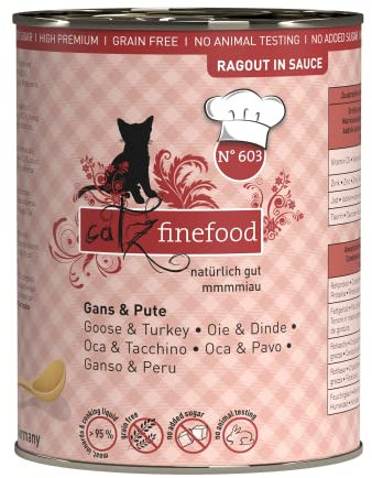 catz finefood Ragout N° 603 Gans & Pute Katzenfutter nass - Feinkost Nassfutter für Katzen in Sauce ohne Getreide und Zucker mit hohem Fleischanteil, 6 x 380 g Dose
