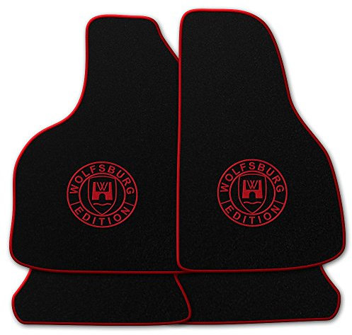 AUTOTEPPICH-Stylers NF100 Schwarze Fußmatten passend für VW Golf 2 mit LOGO Wolfsburg Edition WOB und Rand in rot