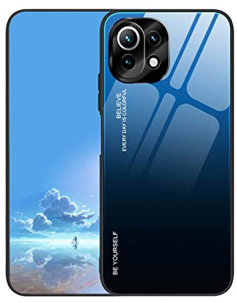 UPLAI Hülle für Xiaomi 11 Lite 5G NE/Xiaomi Mi 11 Lite, Slim Stoßfest Farbverlauf Handyhülle Case, Temperiertes Glas Rücken and Sanft TPU Silikon Bumper Schutzhülle Cover.Blau Schwarz