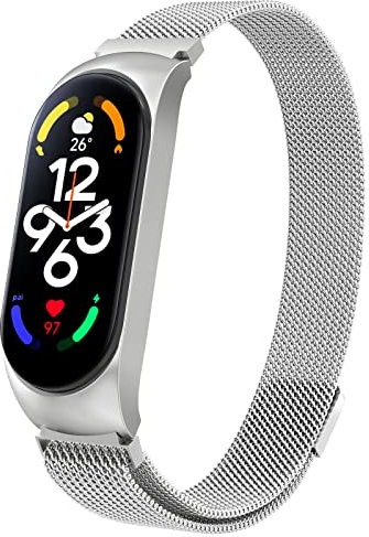 Oumida Correa Compatible con Xiaomi Mi Band 7 Correa, Pulsera de Acero Inoxidable de Metal, Pulseras de Repuesto de Tamaño Ajustable con Imán Fuerte para Xiaomi Smart Band 7, Plata