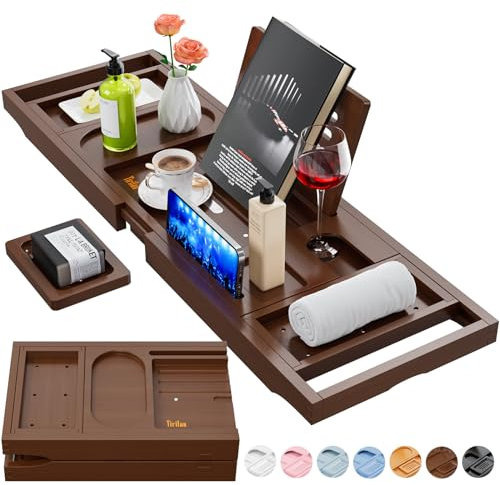 Yirilan Bamboo Bath Tray, Foldable Premium bath caddy, Adjustable bath board with Book Rest, Extendable Wooden Tray Bath shelf – Fits Most Bath Sizes-Brown