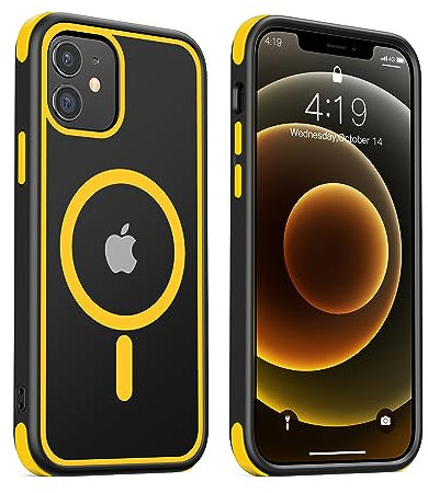 MobNano Hybrid Magnetisch Durchsichtig Hülle für iPhone 12 Hülle, iPhone 12 Pro Hülle [Kompatibel mit MagSafe] Stoßfest Bumper Transparent Magnet Handyhülle Silicone iPhone 12 12pro Case Schwarz/Gelb
