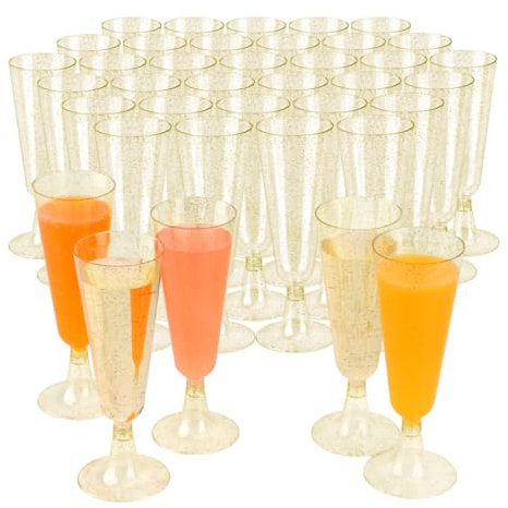 imatenn 50 Plastic Champagne Flutes, Champagne Glasses, 160ML Disposable Party Plastic Wine Glasses,Drinking Flutes for Parties, for Prosecco Cocktail Martini, Gold Glitter Sparkling
