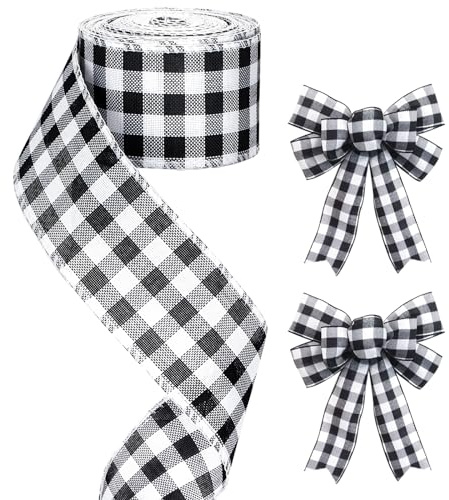 G2PLUS 63mm Gingham Wired Ribbon: 10m Black and White Buffalo Check Ribbon for Gift Wrapping, DIY Bows, Crafts, Rustic Wedding Decoration