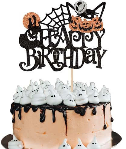 Xsstarmi 1 Pack Halloween Happy Birthday Cake Topper Glitter Jack and Sally Ghost Cake Pick Pumpkin Spider Web Cake Decorations for Halloween Theme Baby Shower Birthday Party Supplies