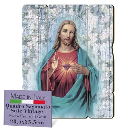 Fratelli Bonella, Bild des Heiligen Herzens Jesu, Vintage-Stil, Pappelholz, Dicke 8 mm, religiöses Bild, Schlafzimmer, 28,5 x 35,5 cm, 100 % Made in Italy