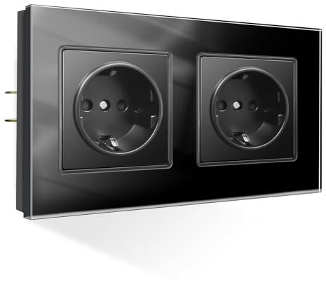 PANGTZEEN Schuko Steckdose mit Kralle 2 Fach Glas Rahmen 153mm Doppel Wandsteckdose 16A Unterputz Zwei Befestigung Stil Einbausteckdose Schwarz Für Wohnzimmer, Schlafzimmer, Küche, Büro