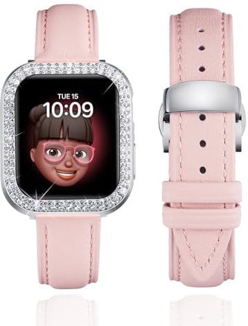 BINLUN Leather Strap Compatible with Apple Watch 45mm 44mm 41mm 40mm Women Leather Band with Glitter Diamond Rhinestone Case Compatible with iWatch Series 9/8/7/SE2/SE/6/5/4(41mm,Pink)