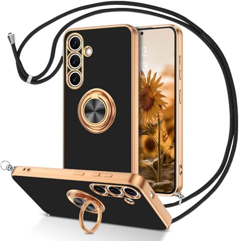 DUEDUE Coque pour Samsung S24 5G Cordon avec Anneau Rotatif, Protection Caméra Souple Fine Doublure Microfibre, Coque Bague et Corde Bandoulière Lanière Réglable pour Samsung Galaxy S24 6,2'',Or Noir