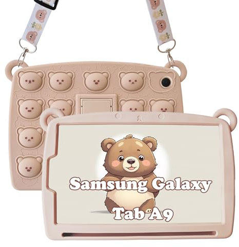 A-BEAUTY Étui Compatible avec Samsung Galaxy Tab A9 8,7 2023 (SM-X110/X115/X117), Motif Amusant pour Enfants, Filles et Garçons, avec Porte-Stylo, Support, Bandoulière, Ours Marron