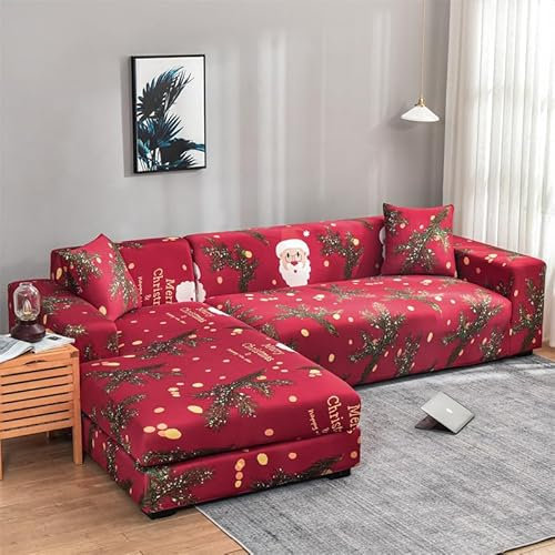 Sofaschoner Rote Weihnachten Sofaüberwurf Weich Spandex Sofaschoner rutschfest Couch Überwurf Waschbare Sofa Überzug Sofabezug mit Elastischen Riemen Sofabezug L Form Universelle 1 Sitzer