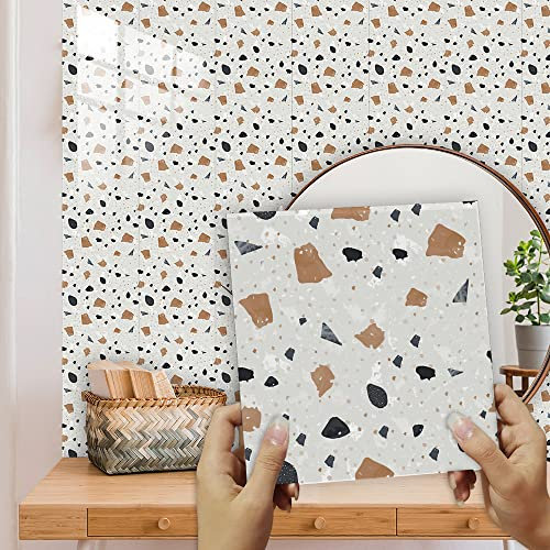 Credence Adhesive pour Cuisine Terrazzo Taupe Carrelage Adhesif Mural Salle de Bain Imperméable Vinyle Stickers Muraux Cuisine Décoration Stickers Carrelage 10 Pièces/30x30cm