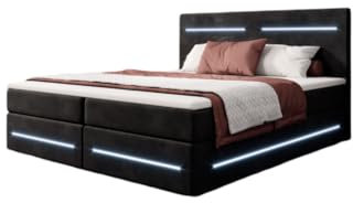 Boxspringbett Lara 180x200 Doppelbett Polsterbett Bett mit Stauraum, LED-Beleuchtung und Samtbezug | Bezug: Samt | Farbe: Schwarz | Härtegrad: H3 (70-100kg)