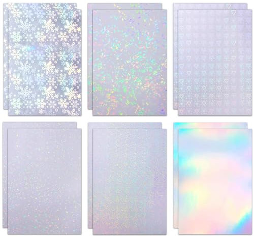 WMUVAZA Holographische Aufkleber Papier, 12 Stück Blatt holografische klares Vinyl holografische Aufkleber Papier transparentes holografische Overlay Film mit A4 Größe 6 Styles gemischt