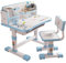 Kinder funktionelle Schreibtisch und Stuhl Set, höhenverstellbar Kinder Schule Studie Tabelle Stuhl Set mit Cartoon-Muster, ergonomische Schreibtischstuhl mit großen Schreibtafel, Bücherregal (Blau)
