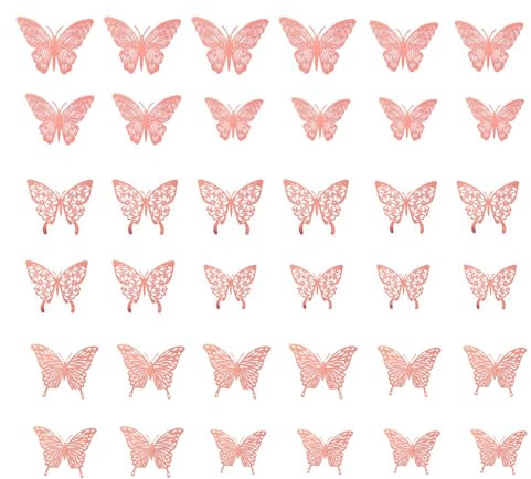 36 Pcs 3D Schmetterlinge Deko Papier Schmetterling Wanddeko Aufkleber für Wohnzimmer Heimdeko Küche Wand Deko Hochzeit Party Geschenke Küche Fenster Möbel (Roségold)