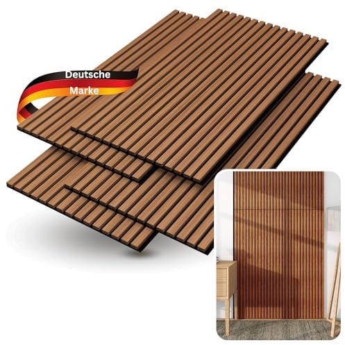 DELUKE® 3D Akustikpaneele 4er Set - Holz Optik Paneele | Akustik Wandpaneele Akustikplatten für Wand, Wohnzimmer, Flur, Küche Lamellenwand Wandverkleidung | Teak