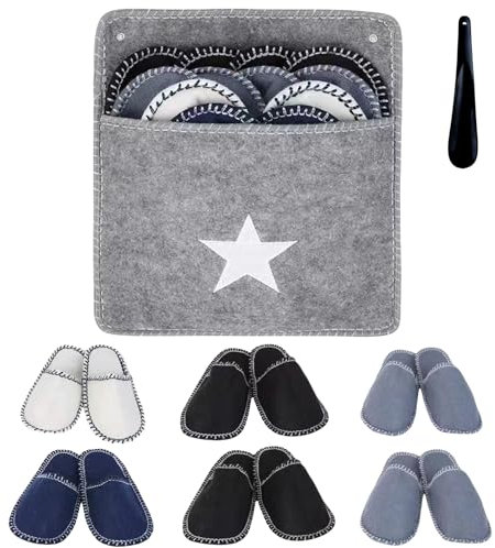 FEICHANGHAO 6 paia di pantofole per ospiti, in feltro, antiscivolo, con custodia e calzascarpe, multicolore, 36/45 EU