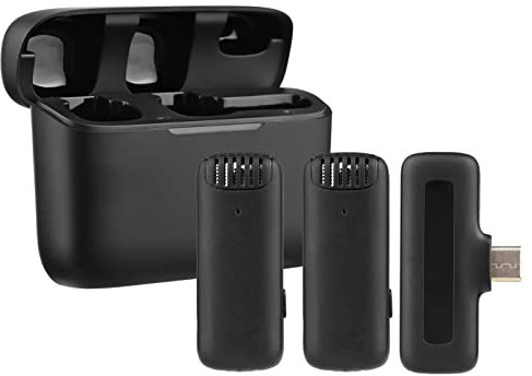 kosingna Portable One-Tgger-Two wireless Microphone System with 1 Receiver & 2 Clip-on Microphone 20M Transmission Range Built-in Battery with Charging Case for Type-C Android Smartphones