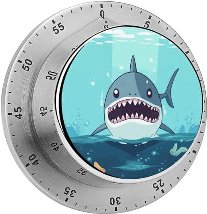 Mechanischer Edelstahl-Timer, Cartoon-Hai, schwimmend im Wasser, bedruckt, Küchentimer, strapazierfähig, mechanischer Timer, Kochtimer für Küche, für Training, Backen, Spielen oder Arbeit