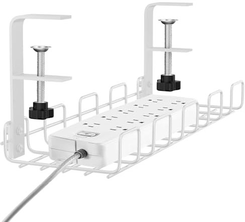Under Desk Cable Management Tray No Drill, Cable Tray Under Desk, Metal Standing Desk Wire Organizer Basket Clamp for Office Home Cord Tidy Rack, White,1PCS