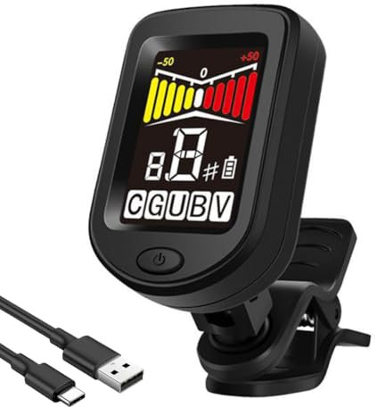 AMFUN Guitar Tuner Rechargeable, Guitar Tuner Clip On, Digital Tuners of Guitar Accessories with LCD Color Display, Guitar Tuner Clip On with Type-C Cable, for Acoustic Guitar, Bass, Violin, Ukulele