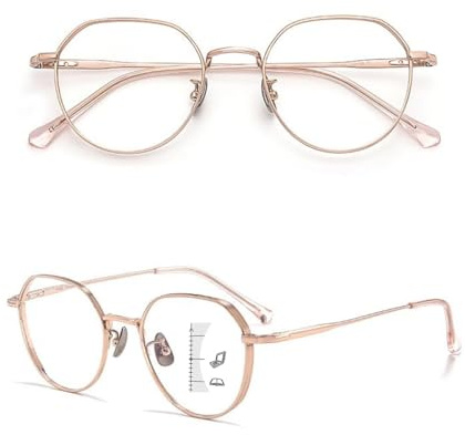 Progressive Multifocus Reading Glasses for Women Men Round Full Rim Multifocal Readers Blue Light Blocking Eyewear(Rose Gold,+3.00)