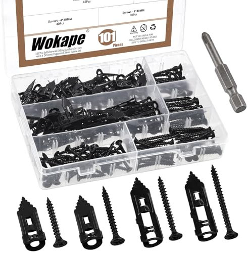 Wokape Lot de 100 chevilles auto-foreuses - 4 tailles différentes - Vis à expansion en acier au carbone galvanisé - Chevilles auto-foreuses pour cloison sèche - Pas de perçage nécessaire - Noir