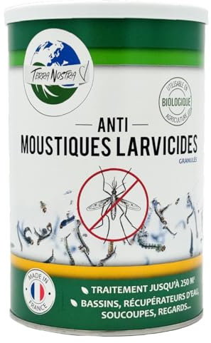 TERRA NOSTRA - Anti Moustiques Larvicides - Formulé avec du BTI - Compatible Fosse Septique - Traitement Eaux Stagnantes jusqu'à 25m² - Fabriqué en France - Pot 500g