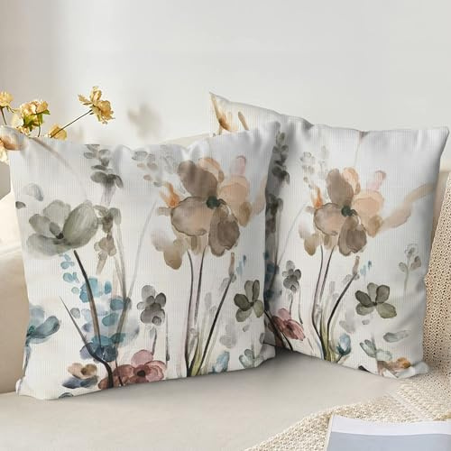 XPHZZL Cushion Cover 2 Pack 60 x 60 cm - Ink Flower Wild Flower Plant Pillow Covers for Sofa Bed Garden Outdoor Spring Decor Flower Plant with Invisible Zipper 24 x 24 Inch