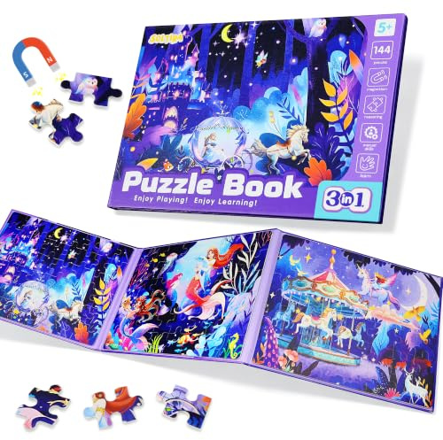 SOLTIRA Magnetpuzzle ab 5 Mädchen,Prinzessin Kinderpuzzle,3x48 Teile | BeschäFtigung für Kinder Alter 5-8 im Autofahrt,Flugzeug AktivitäTen,Eichhörnchen,Einhorn und Meerjungfrau 3-in-1 Puzzle