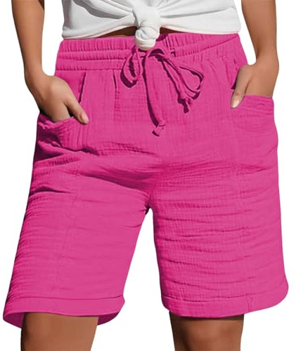 Pantaloncini da donna per anziani, vestibilità ampia, estivi, da spiaggia, in cotone e lino, bermuda con elastico in vita, pantaloni corti da lavoro atletici, Rosa acceso, L